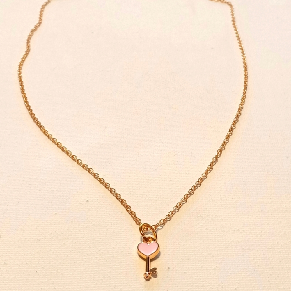 Gold Plated Pink Enamel Mini Heart Key Necklace